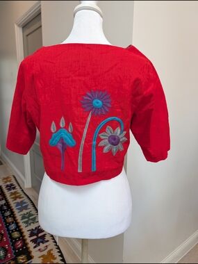 Handmade, linen Red Embroidered Cropped Women's Medium Top